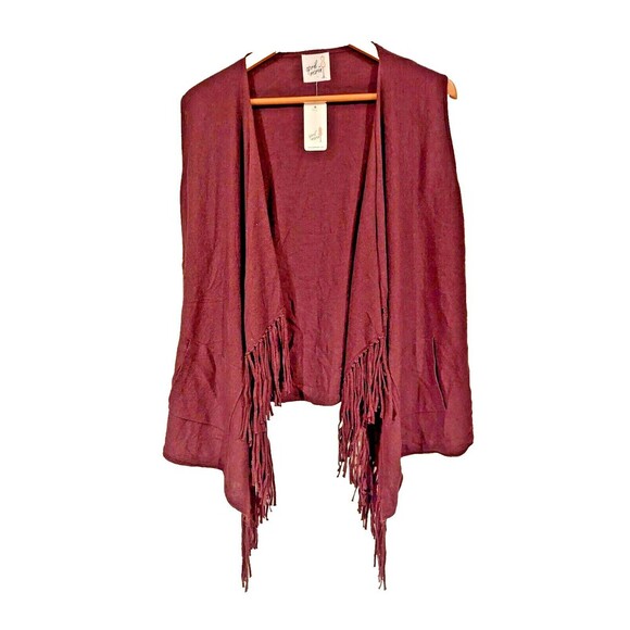 April‎ Marin NWT Fringe Vest With Pockets Burgundy Punchy Western Hippie - Picture 1 of 3